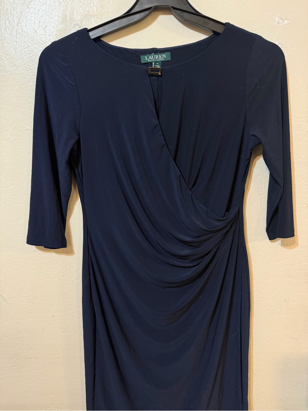 Ralph Lauren Navy Faux-Wrap Long Sleeve Midi Dress